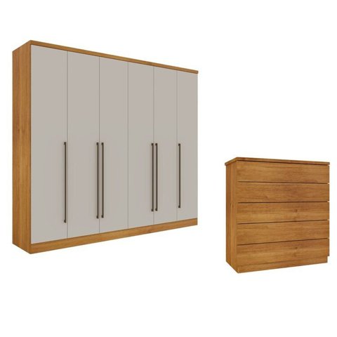 Guarda-Roupa 6 Portas Portugal e Comoda 5 Gavetas Premium Espresso Móveis Bege/Cinamomo/Off White