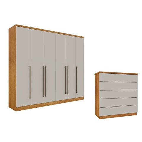 Guarda-Roupa 6 Portas Portugal e Comoda 5 Gavetas Premium Espresso Móveis Bege/Cinamomo/Off White