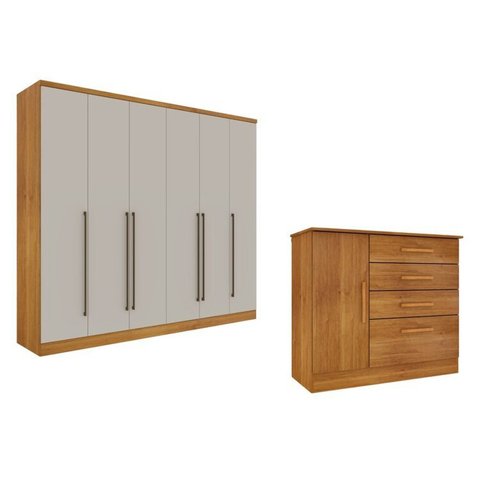 Guarda-Roupa 6 Portas Portugal e Comoda 4 Gavetas Chicago Espresso Móveis Bege/Cinamomo/Off White