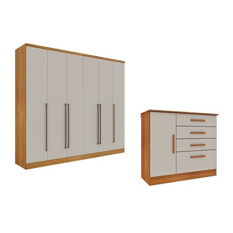 Guarda-Roupa 6 Portas Portugal e Comoda 4 Gavetas Chicago Espresso Móveis Bege/Cinamomo/Off White