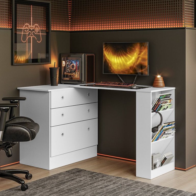 Cômoda com Mesa Giratória Gamer Branco Qmovi Cômoda com Mesa Giratória Gamer Branco Qmovi