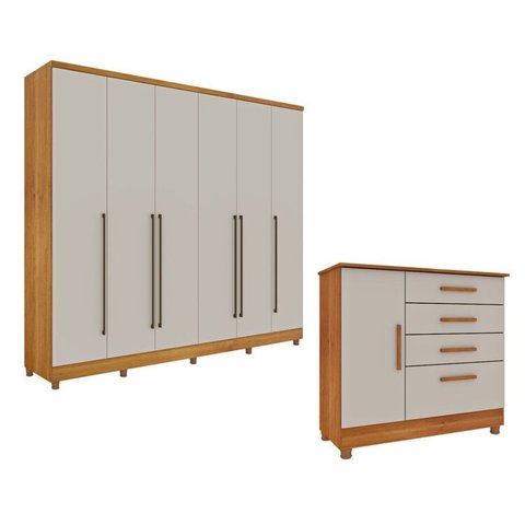 Guarda-Roupa 6 Portas Portugal e Comoda 4 Gavetas Chicago com Pés Espresso Móveis Bege/Cinamomo/Off White