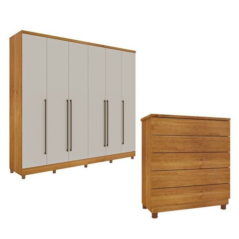 Guarda-Roupa 6 Portas Portugal e Comoda 5 Gavetas Premium com Pés Espresso Móveis Bege/Cinamomo/Off White