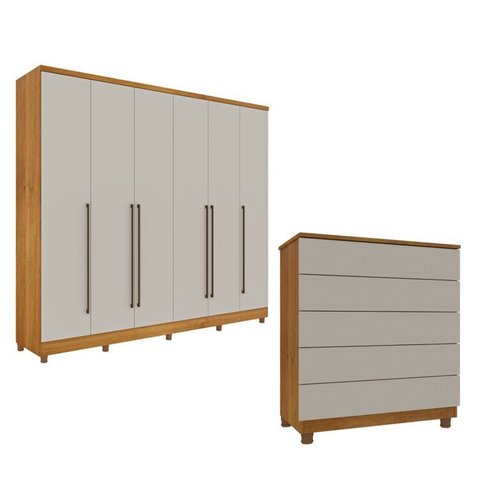 Guarda-Roupa 6 Portas Portugal e Comoda 5 Gavetas Premium com Pés Espresso Móveis Bege/Cinamomo/Off White