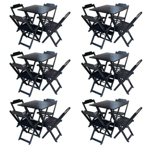 Kit 6 Jogos De Mesa Com 4 Cadeiras De Madeira Dobravel 60X60 - Preto - Preto