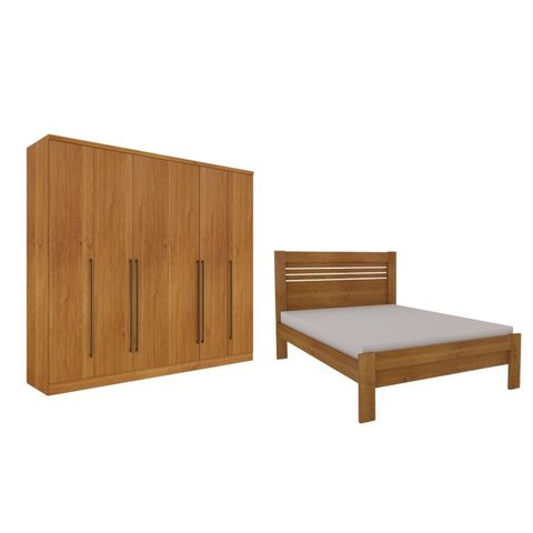 Quarto de Casal Guarda-Roupa 6 Portas Portugal e Cama Casal Safira Espresso Móveis Bege/Cinamomo