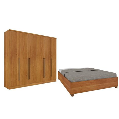 Quarto de Casal Guarda-Roupa 6 Portas Portugal e Cama Box Casal Monaco Espresso Móveis Bege/Cinamomo