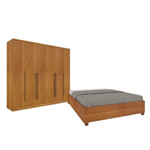 Quarto de Casal Guarda-Roupa 6 Portas Portugal e Cama Box Casal Queen Monaco Espresso Móveis Bege/Cinamomo