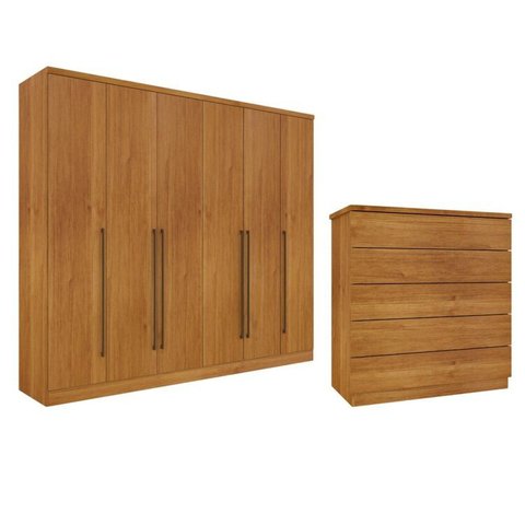 Guarda-Roupa 6 Portas Portugal e Comoda 5 Gavetas Premium Espresso Móveis Bege/Cinamomo