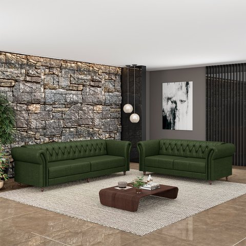 Conjunto de Sofá Sala de Estar Stanford Chesterfield 2 e 3 Lugares 180cm/240cm Pés Madeira Couro Ver