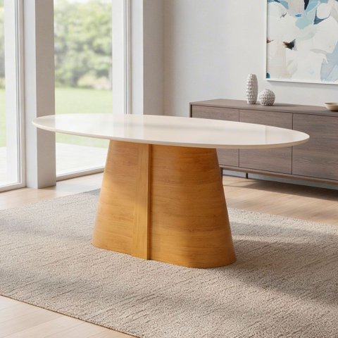 Mesa de Jantar 8 Lugares Orgânica Elipse Tampo com Vidro 218cm Degas D05 Cedro Off White - Lyam Deco