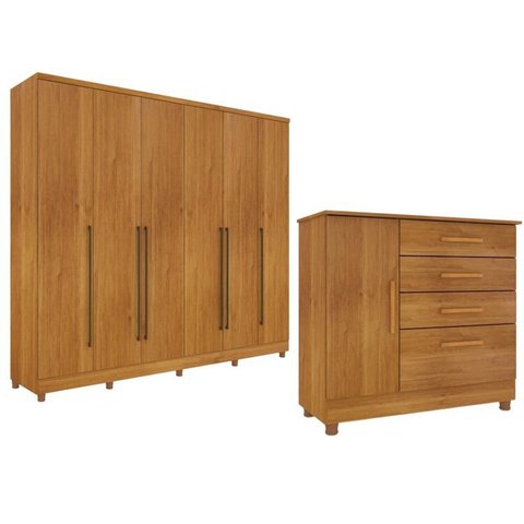 Guarda-Roupa 6 Portas Portugal e Comoda 4 Gavetas Chicago com Pés Espresso Móveis Bege/Cinamomo