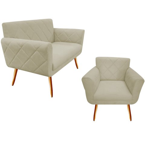 Kit Namoradeira + 1 Poltrona Decorativa Sabrina Suede Bege Pés Madeira Mz Decor