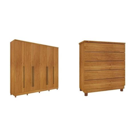 Guarda-Roupa 6 Portas Portugal e Comoda 5 Gavetas Premium com Pés Espresso Móveis Bege/Cinamomo
