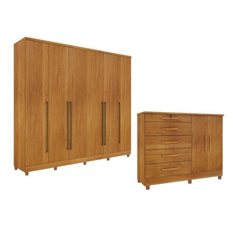 Guarda-Roupa 6 Portas Portugal e Comoda 5 Gavetas Istambul com Pés Espresso Móveis Bege/Cinamomo