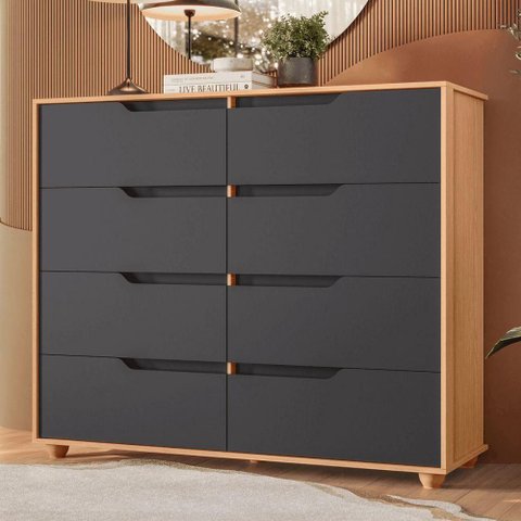 Cômoda Tiro 8 Gavetas MDP Puxador Metálico Freijó e Titanium 136cm