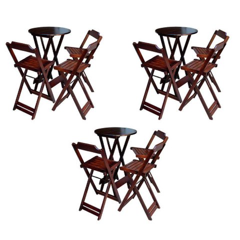 Kit 3 Conjuntos De Mesa Bistrô Dobraveis Em Madeira Padrão Com 3 Banquetas Altas - Imbuia - Marrom