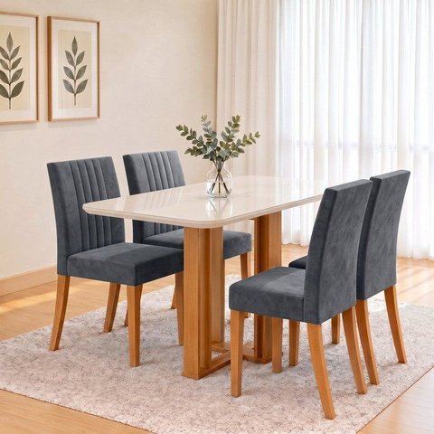 Conjunto Sala de Jantar Mesa Manu 120cm Tampo MDF e Vidro Canto Arredondado 4 Cadeiras Lily