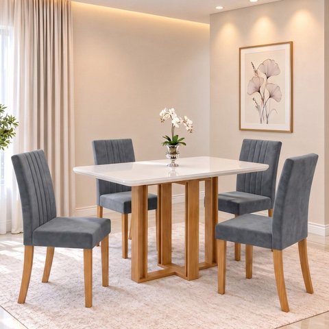 Conjunto Sala de Jantar Mesa Manu 120cm Tampo MDF e Vidro Canto Arredondado 4 Cadeiras Lily