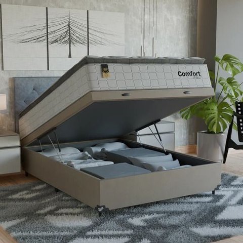 Cama Box Baú Viúva + Colchão Comfort Class Pillow Top Branco/suede Bege