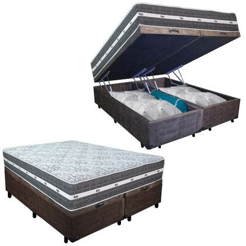 Cama Box Baú Casal Bipartido Suede + Colchão Anjos Black Graphite Molas Ensacadas 138x188x64cm Cor:m