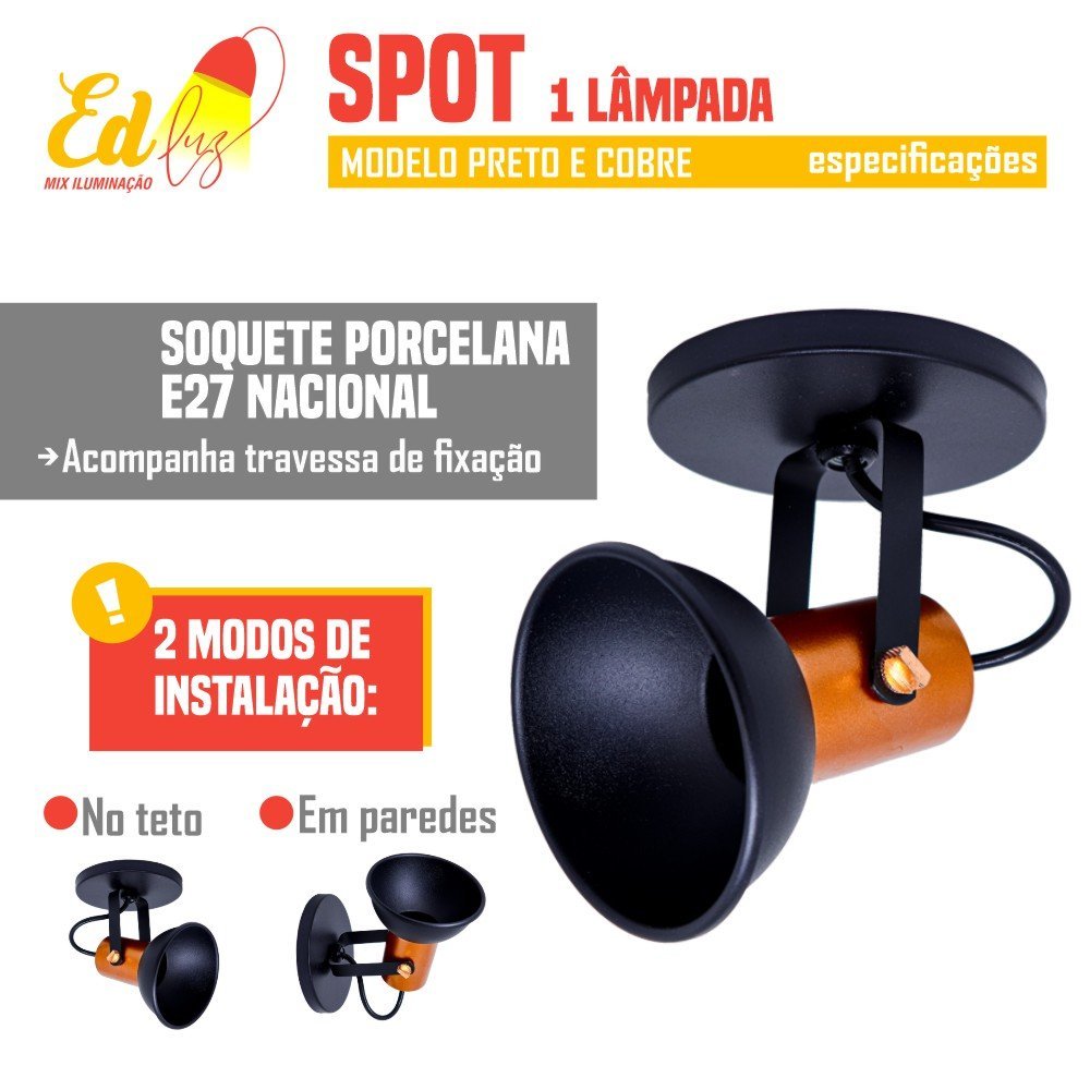 Spot Sobrepor Preto com Cobre P/1 Lâmpada E27 - 4