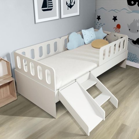 Cama Solteiro Mdf Bp com Escadinha/escorrega 03 Grades e Cabeceira Megamobilia