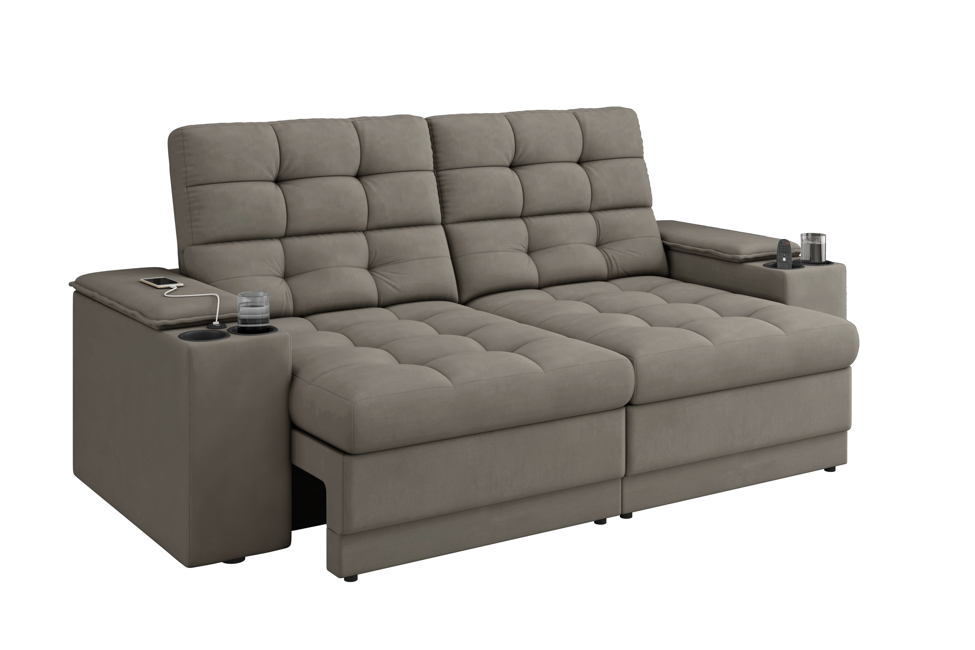 Sofá Confort Premium 2,05m Assento Retrátil/reclinável Porta Copos e Usb Suede Capuccino - Xflex - 3