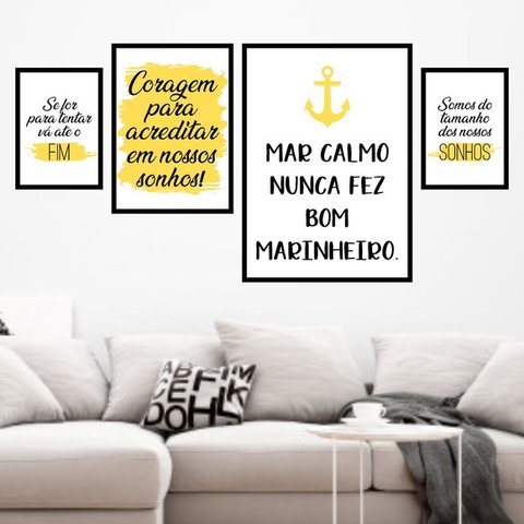 Kit 4 Quadros Decorativos Mar Calmo-Amarelo 45x34cm - com vidro:Madeira preta