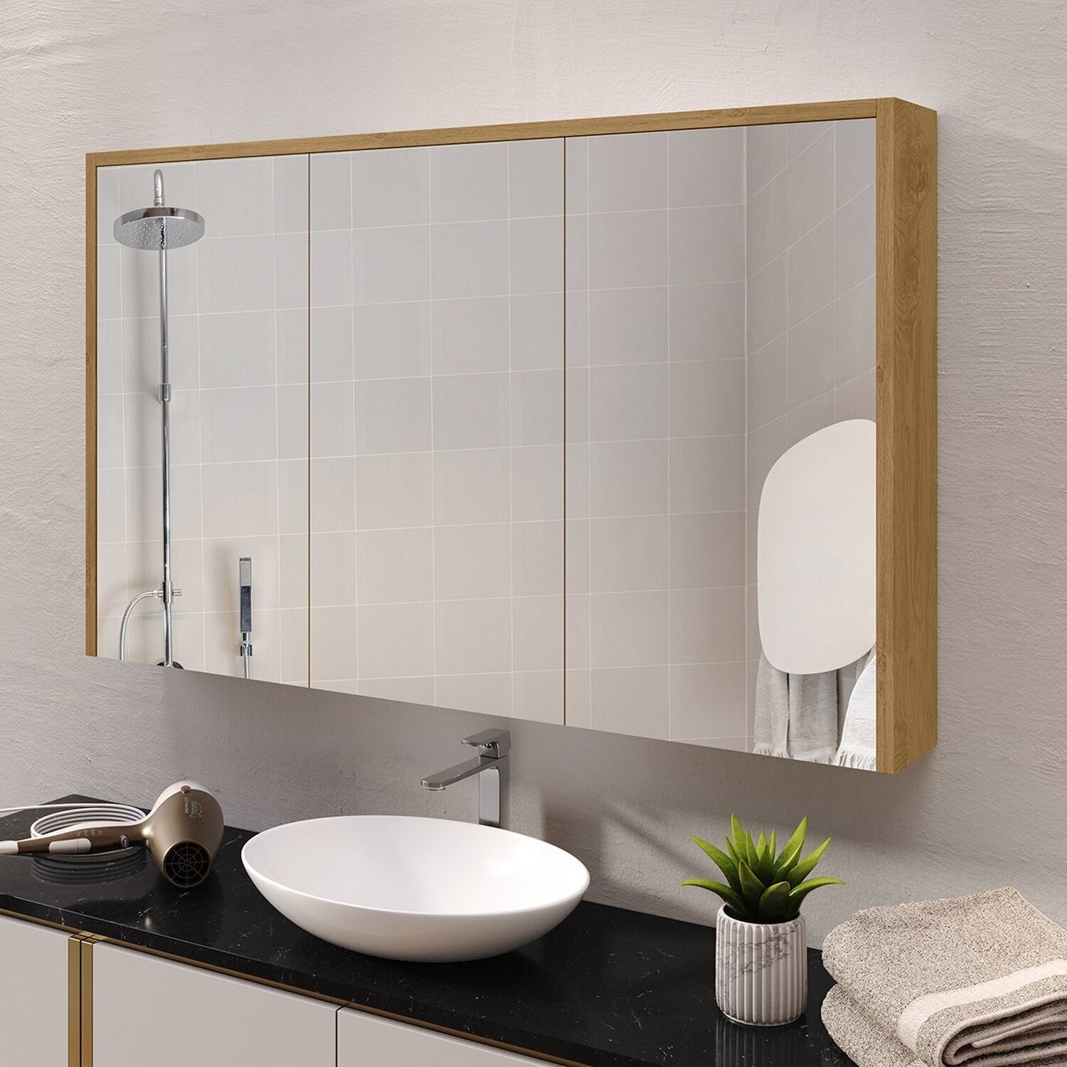 Armário Espelheira Banheiro Trindade 3 Portas com Amortecedor Madeirada