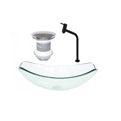 CUBA DE VIDRO OVAL CHANFRADA 51CM JATEADO + VALVULA + TORNEIRA PRETA