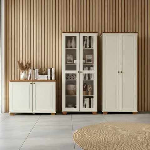 Conjunto 3 Peças Armários Multiuso com Tampo e Pés em Madeira Maciça Ananda CabeCasa MadeiraOriginals Off White Mel