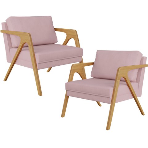 Kit 2 Poltronas Decorativas para Sala Estar Pietra Estrutura de Madeira L02 Suede Rosê - Lyam