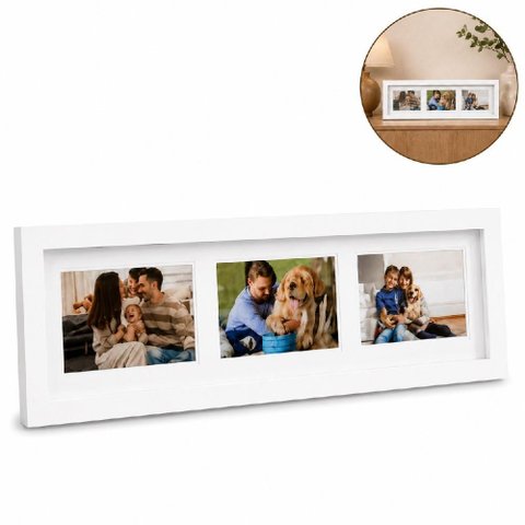 Mural de Fotos Moldura Branca 55x18cm Porta Retrato Decorativo 3 Foto Painel Amigos Familia Amor Qua