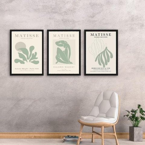 Kit 3 Quadros Matisse Verde Suave 33x24cm - com Vidro:moldura Branca