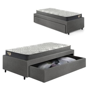 Base Box Cama Solteirão Sapateira Courino Linho Cinza e Colchão Adapto Ecoflex 96x203