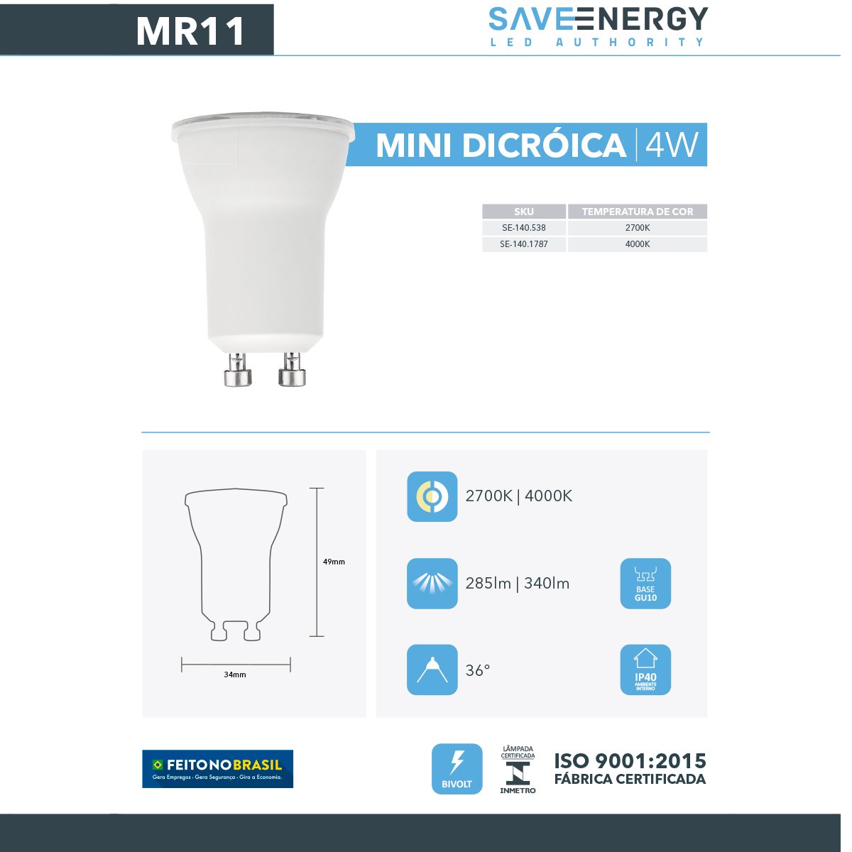 Kit 2 Spot Embutir Quadrado Recuado Mini Dicroica Mr11 Branco + Lâmpada LED 4W 2700K - 4