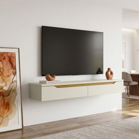 Rack Suspenso Uno p/ Tvs até 55 Polegadas 160cm 2 Portas Off White/Cedro - Olivar Móveis