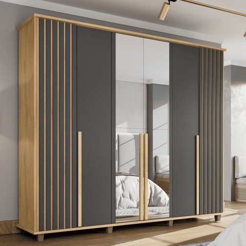 Guarda-Roupa Casal França 6 Portas com Espelho e Detalhe Ripado com 3 Gavetas Internas Cinza/Cinamomo/Grafite