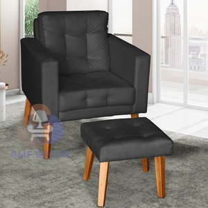 Sofá/poltrona/cadeira Decorativa Glamour Dubai com Puff e Pés em Madeira Preto
