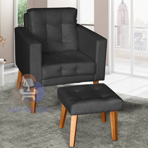 Sofá/poltrona/cadeira Decorativa Glamour Dubai com Puff e Pés em Madeira Preto