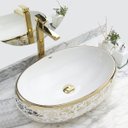 Ver imagem 1 de Kit Cuba Pia Louça Cerâmica Banheiro C/ Torn e Válv Dourado