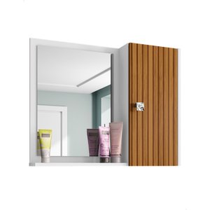 Armário Espelheira Pia Banheiro 1 Porta Lux Ripado e Branco