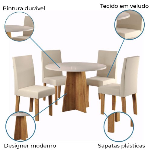 Conjunto Mesa Redonda 90x90 e 4 Cadeiras Mel-off White Slin Viero