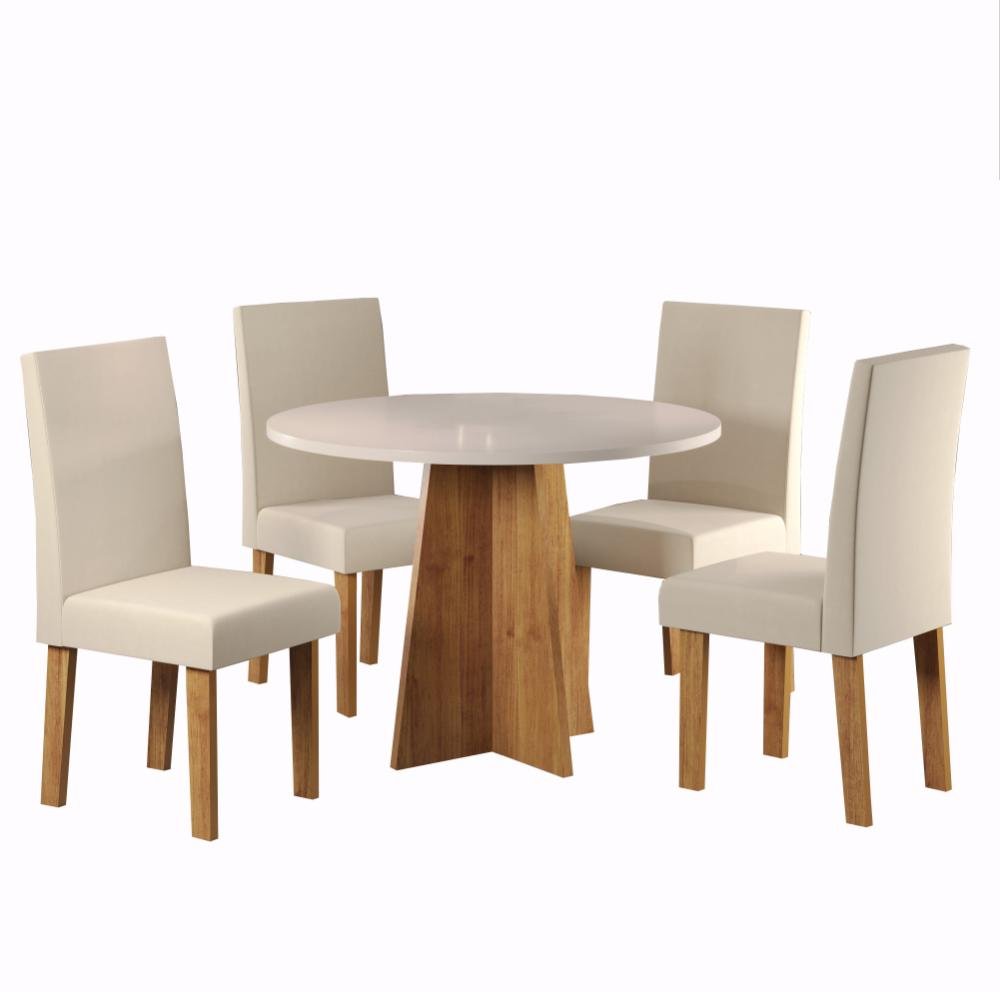 Conjunto Mesa Redonda 90x90 e 4 Cadeiras Mel-off White Slin Viero