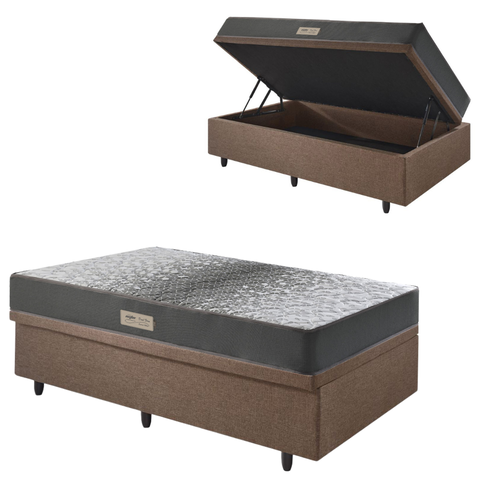 Base Box Baú 88x188 Linho com Colchão Dual Firm Espuma Ecoflex