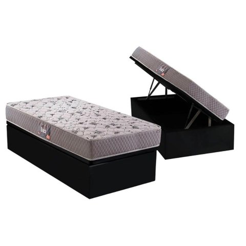 Cama Box Baú Solteiro: Colchão Espuma D45 Herval / Ag65 Black Double Face + Base Crc Suede Black(