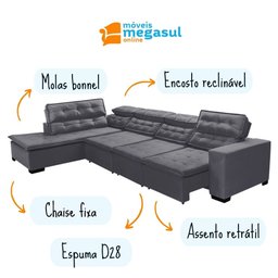 Sofá 7 Lugares de Canto Retrátil Reclinável Pillow Chaise D 3,60 X 2,20 M Sttilo Cinza - Megasul - 4