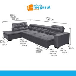 Sofá 7 Lugares de Canto Retrátil Reclinável Pillow Chaise D 3,60 X 2,20 M Sttilo Cinza - Megasul - 3