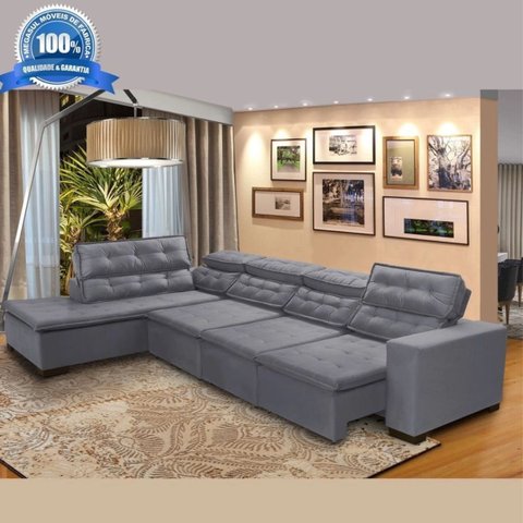 Sofá 7 Lugares de Canto Retrátil Reclinável Pillow Chaise D 3,60 X 2,20 M Sttilo Cinza - Megasul